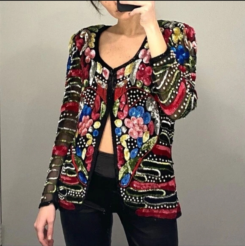 Sweelo Vintage 80s Silk Floral Sequin Beaded Jacket Multicolor Size Med